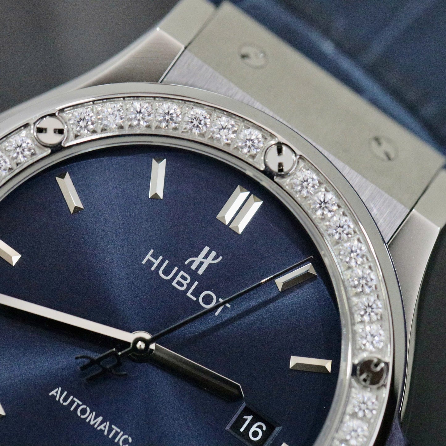Hublot Classic Fusion Titanium Blue Dial Bezel Diamonds Replica Watch HB Factory 42mm