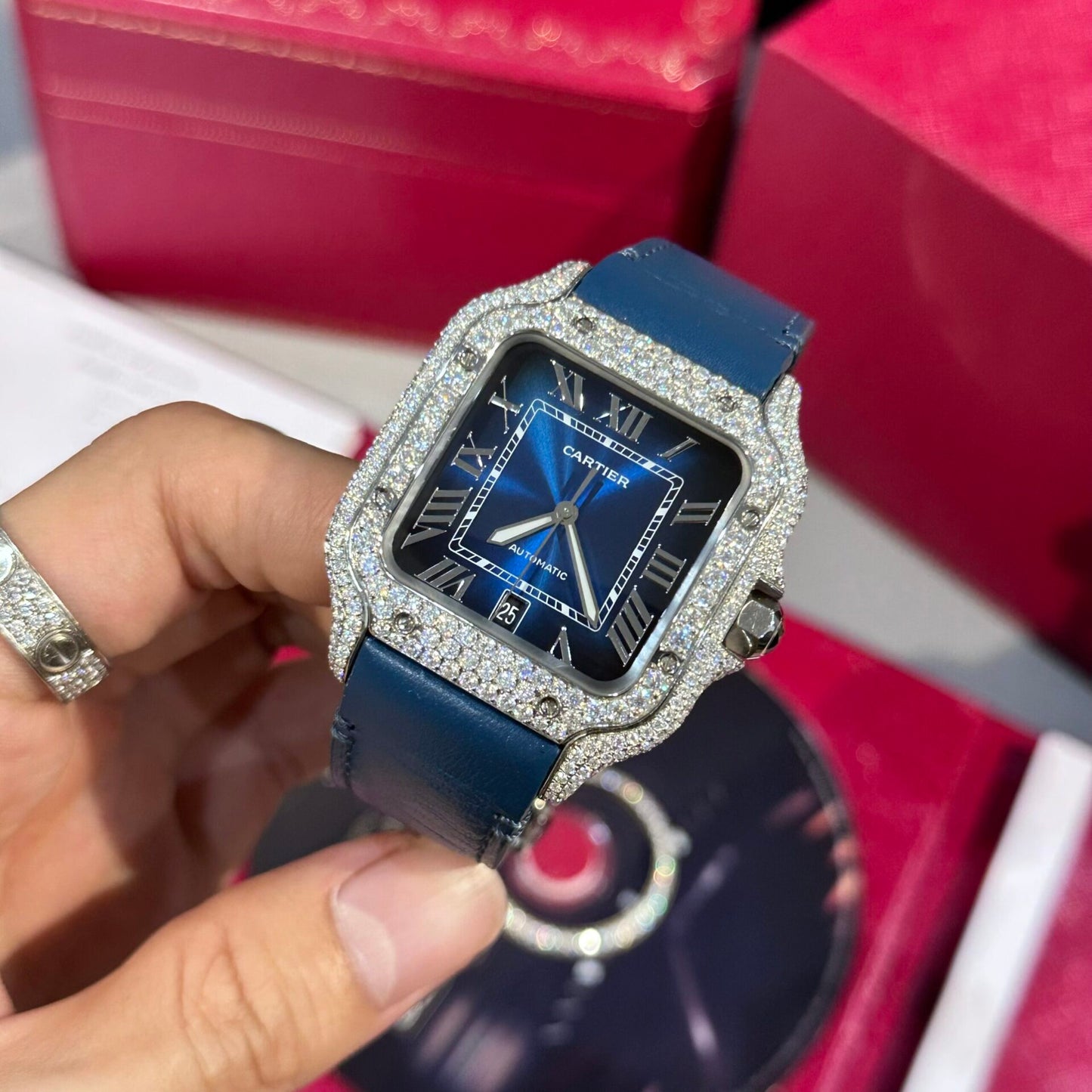 Cartier Santos Replica Watch Blue Dial Custom Moissanite Diamonds 39.8mm