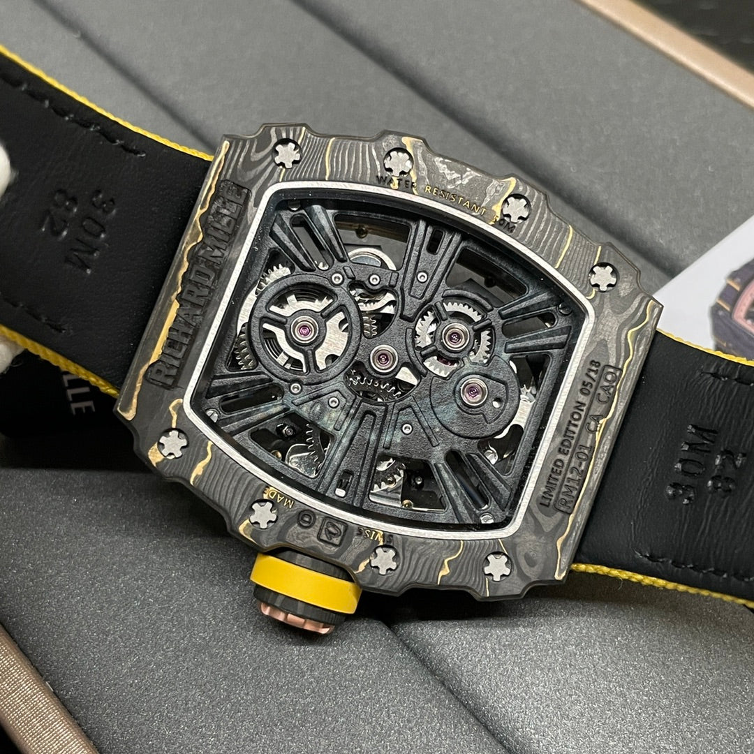 Swiss Replica Richard Mille RM 12-01 Tourbillon Watch ¨C Bold Yellow Fabric Strap, Carbon Fiber Barrel Case, Skeleton Dial