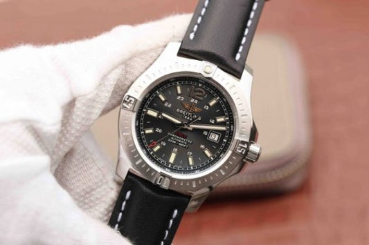 Replica Breitling Colt Automatic 44mm SS GF Black Textured Dial Black Leather Strap A2824