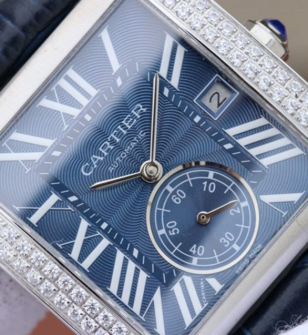 Replica Cartier Tank MC SS Blue Textured Dial Diamonds Bezel Leather Strap