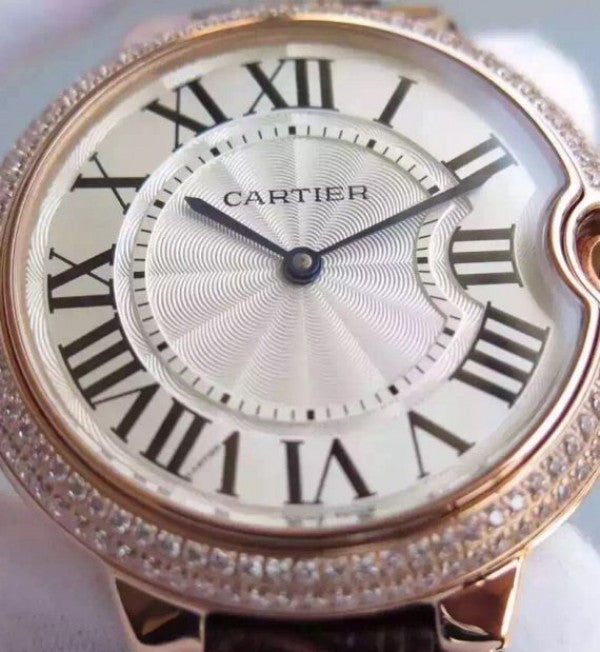 Replica Cartier Ballon Bleu 40mm RG Diamonds Bezel Whit Dial Leather Strap MIYOTA9015
