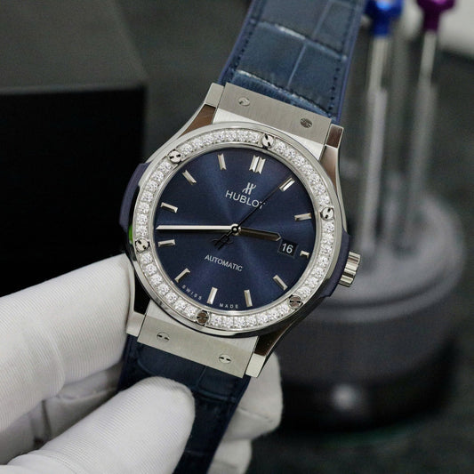 Hublot Classic Fusion Titanium Blue Dial Bezel Diamonds Replica Watch HB Factory 42mm