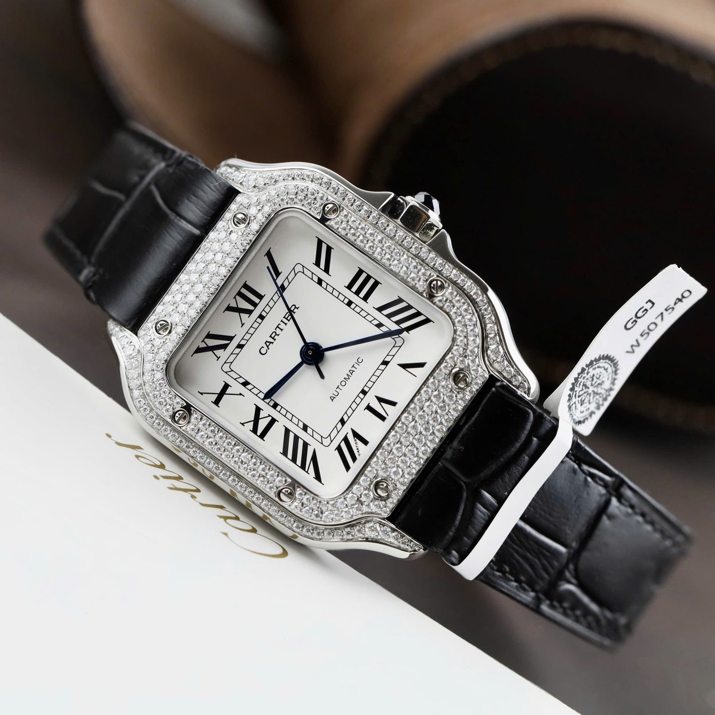 Cartier Santos Women¡¯s White Dial Copies Watches Moissanite Diamonds Custom BV Factory 35.2mm