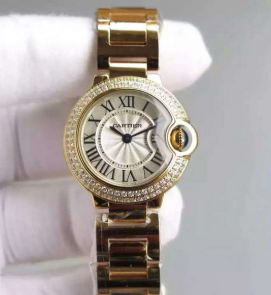 Replica Cartier Ballon Bleu 28mm YG Diamonds Bezel White Dial Bracelet Ronda Quartz