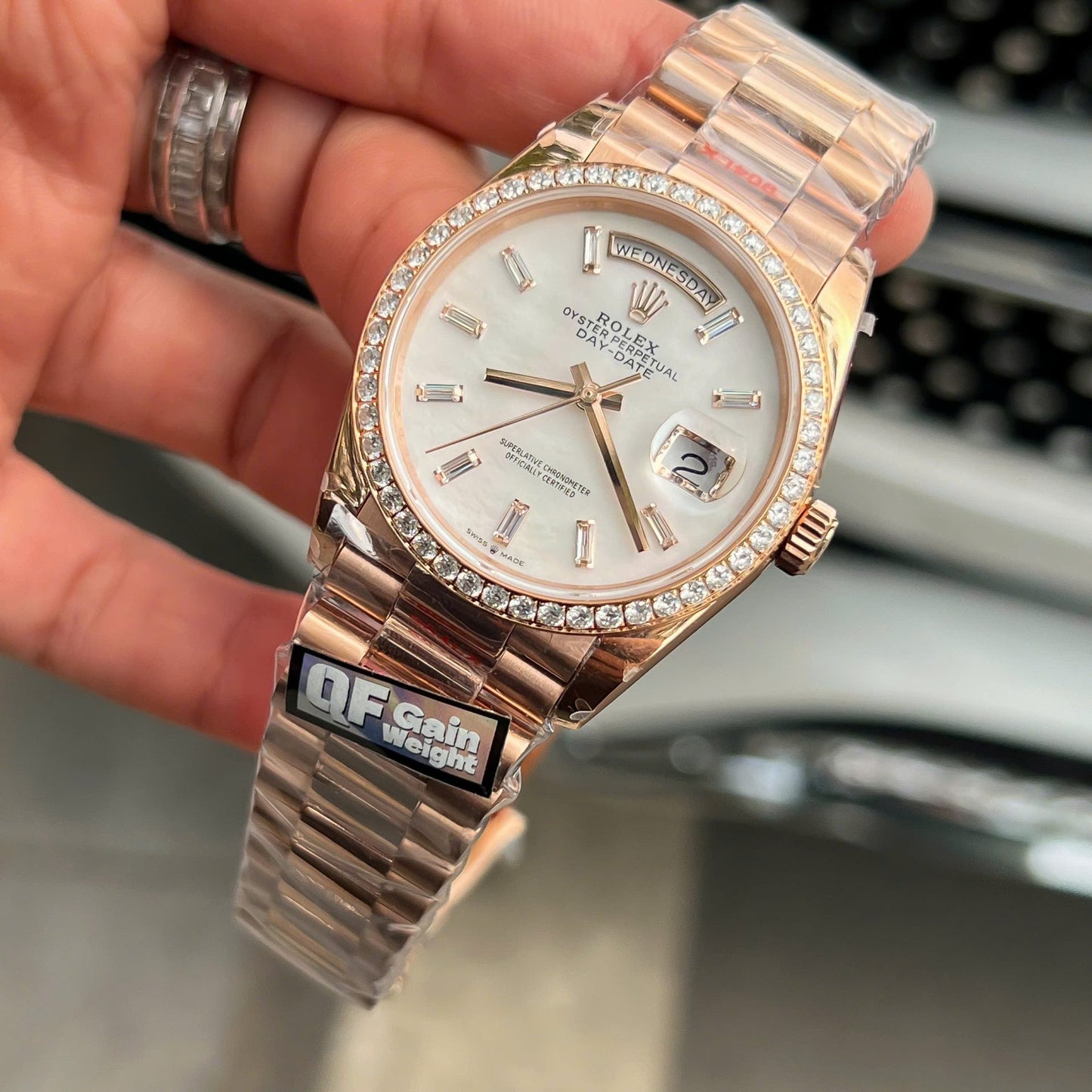 Rolex Day-Date Dial MOP Replica Watch Weight 158 ??Grams Bezel Moissanite Diamonds QF Factory 36mm