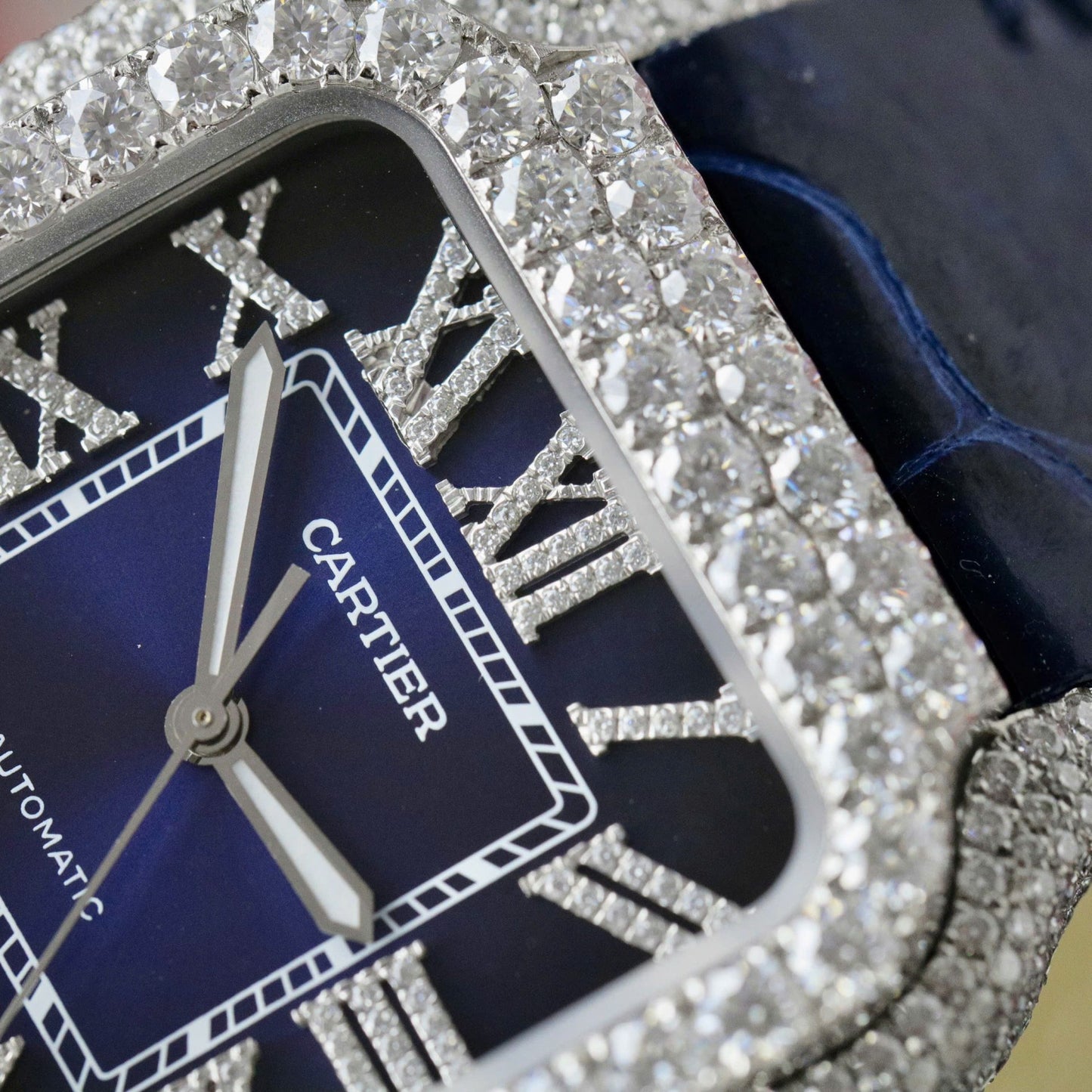 Cartier Santos Best Copies Watch Dial Blue Custom Diamonds Moissanite Hong Kong 39.8mm