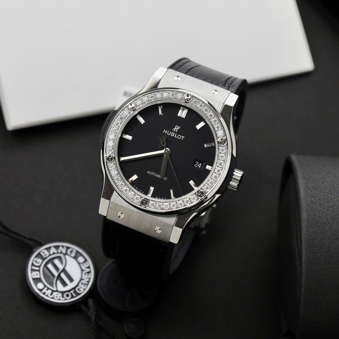 Hublot Classic Fusion Titanium Replica Watch Black Dial Custom Moissanite Diamonds 42mm