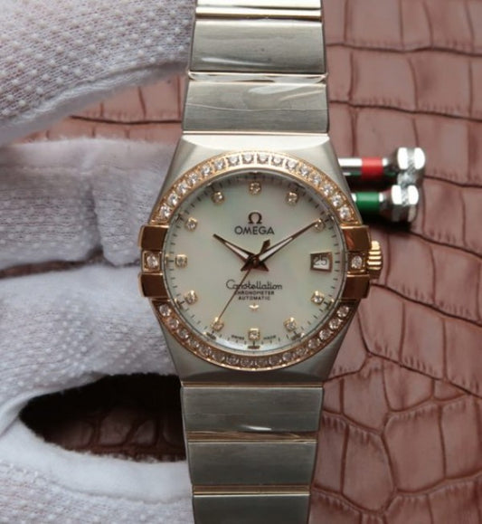 Replica Omega V6 Constellation 35mm White MOP Dial Diamonds Bezel SS Bracelet A2500