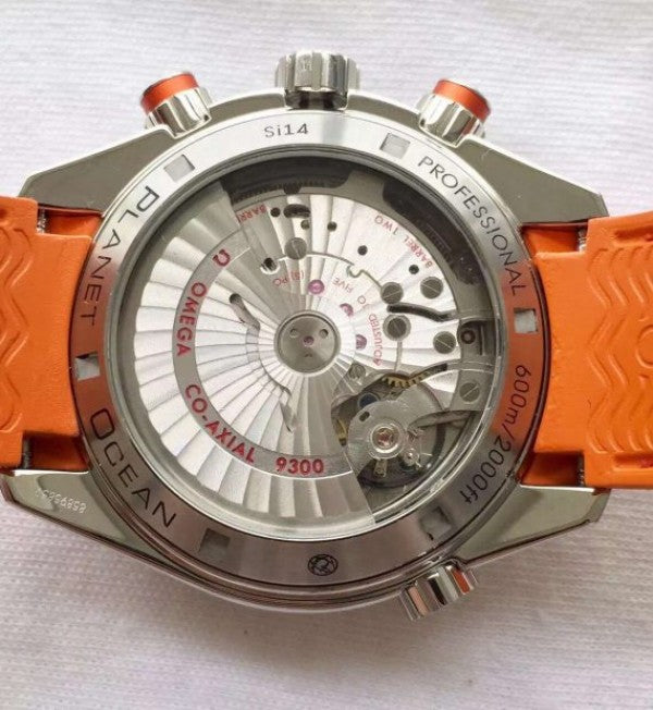 Replica Omega Planet Ocean 45mm Chrono Orange Bezel Black Dial SS Bracelet A7750