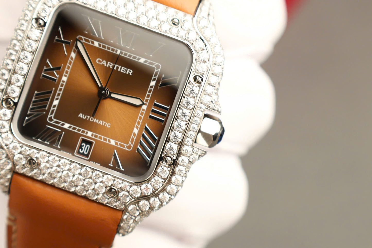 Cartier Santos Dial Brown Replica Watches Custom Diamonds Moissanite BV Factory 39.8mm