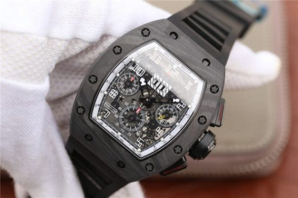 Replica Richard Mille RM011 NTPT Carbon Case Chronograph KVF Skeleton Dial White Inner Bezel Black Rubber Strap A7750