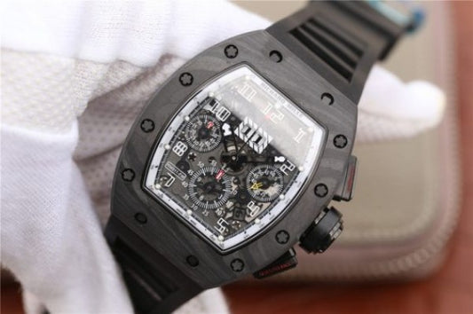 Replica Richard Mille RM011 NTPT Carbon Case Chronograph KVF Skeleton Dial White Inner Bezel Black Rubber Strap A7750
