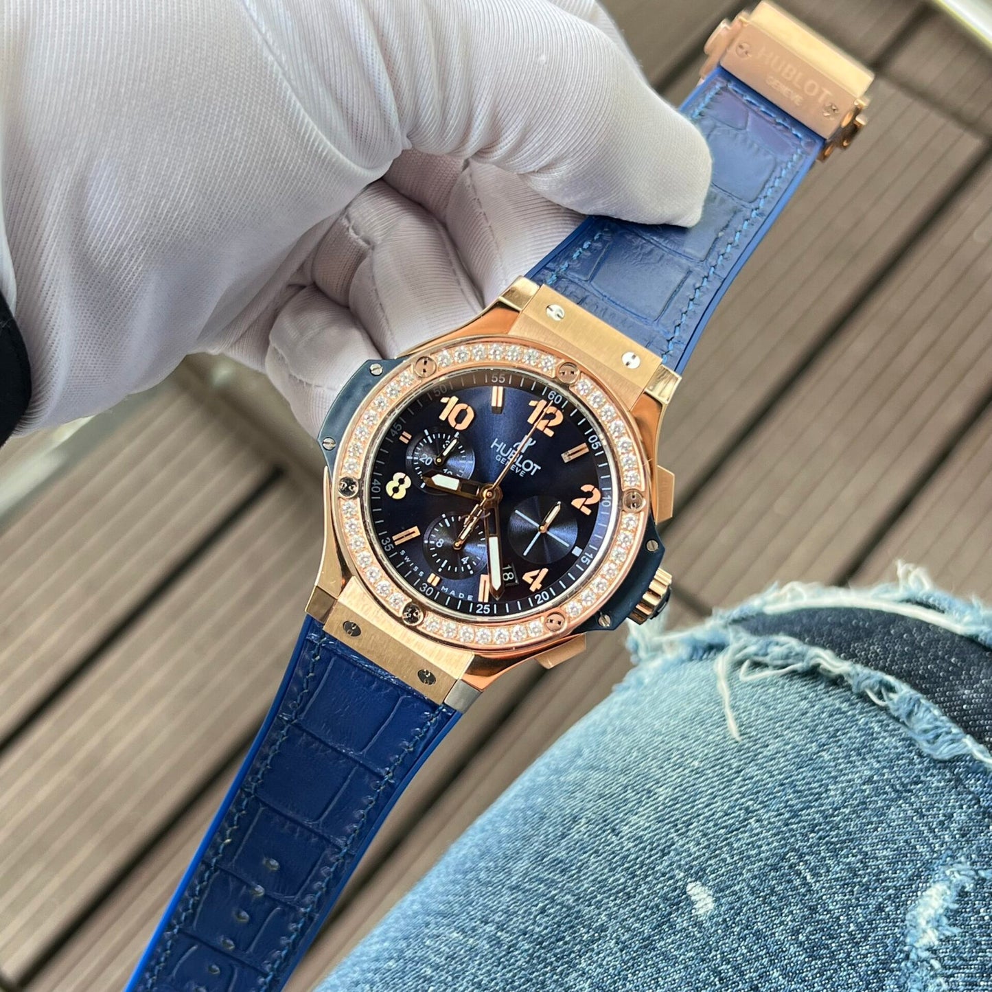 Hublot Big Bang Chronograph Replica Watch King Gold Blue With Diamond Bezel 44mm