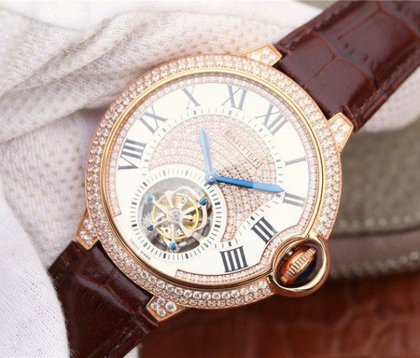 Replica Cartier Ballon Bleu de Cartier Tourbillon RG Paved Diamonds Leather Strap