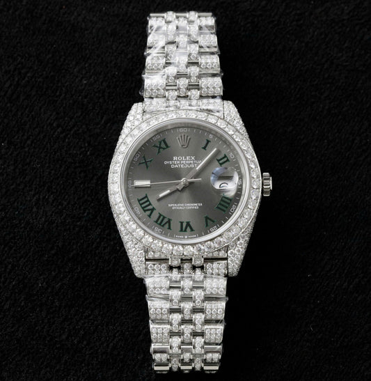 Rolex DateJust Best Copies Watch Dial Wimbledon Custom Full Moissanite Diamonds 41mm