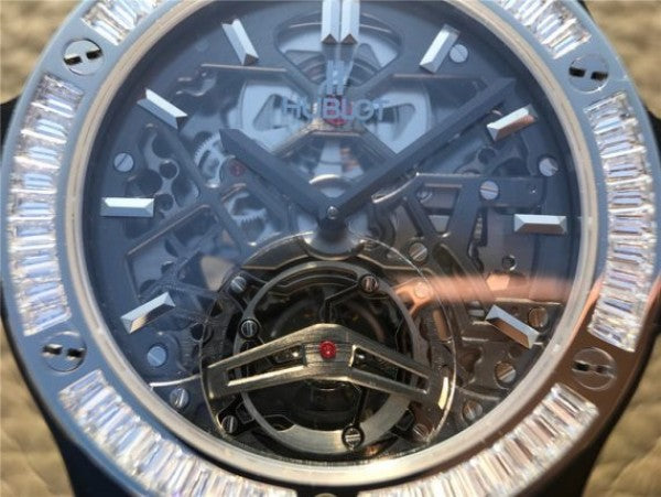 Replica Hublot Classic Fusion Tourbillon 42mm TF SS PVD Diamonds Bezel Skeleton Dial Gummy Strap A23J