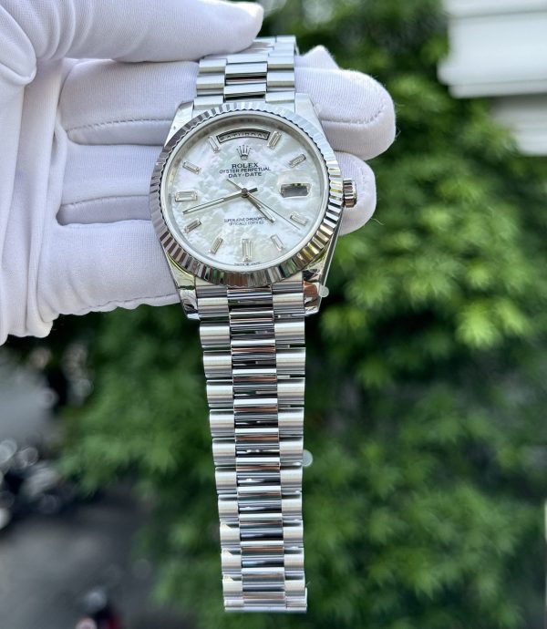 Rolex Day-Date Replica Watch Custom Mother Of Pearl   Moissanite Diamonds Baguetee 40mm
