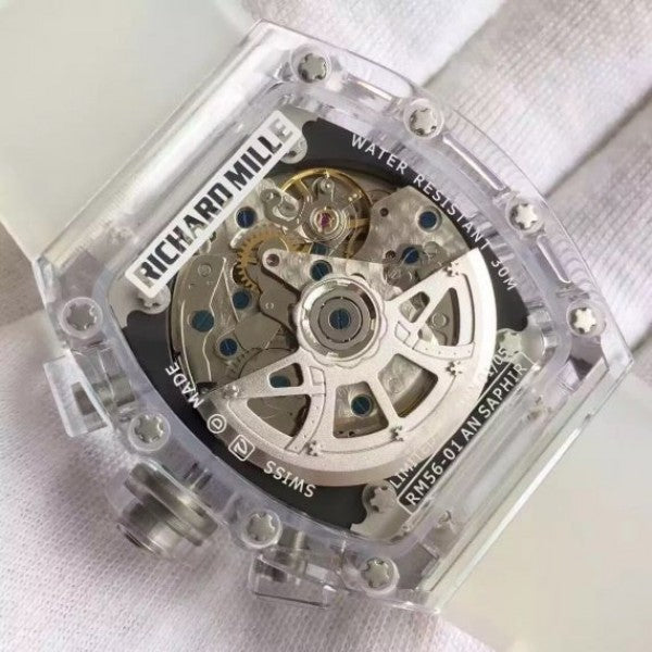 Replica Richard Mille RM011 Transparent Case RG/Black Bezel Skeleton Dial White Rubber Strap A7750