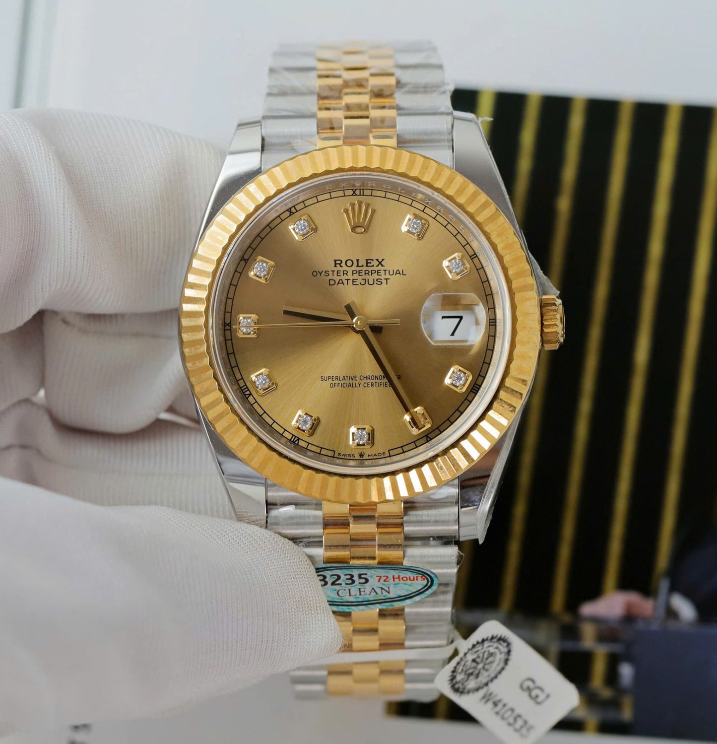 Rolex DateJust Copies Watches Yellow Champagne Dial Moissanite Diamonds Clean Factory 41mm