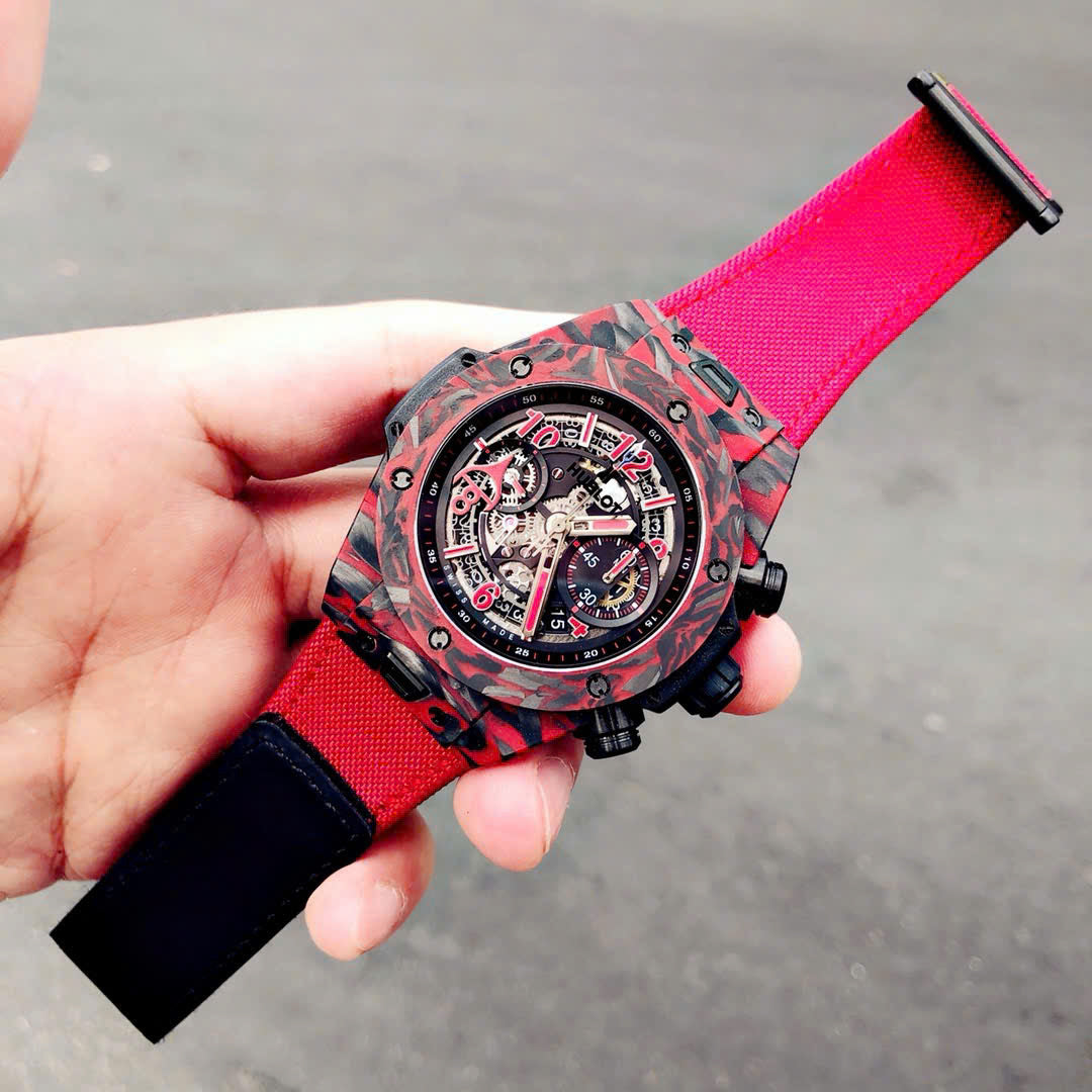 Hublot Big Bang Unico Red Carbon Replica Watches Best Quality Fabric Strap 45mm