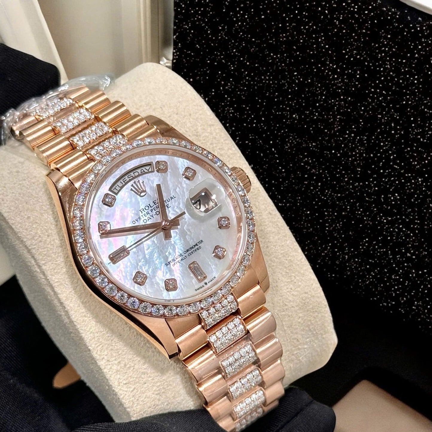 Rolex Day-Date Replica Watch Gold Wrapped Moissanite Diamonds Hong Kong 36mm