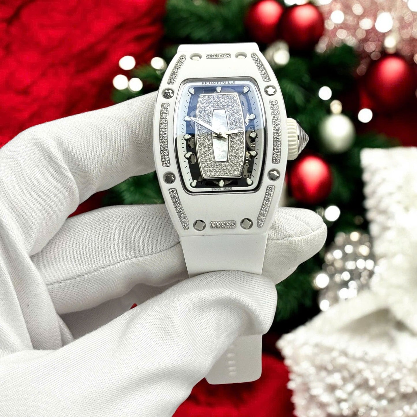 Richard Mille Imitation Luxury Watches RM07 White Ceramic Automatic Movement Diamonds 36mm