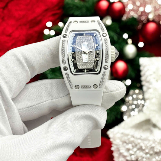 Richard Mille Imitation Luxury Watches RM07 White Ceramic Automatic Movement Diamonds 36mm