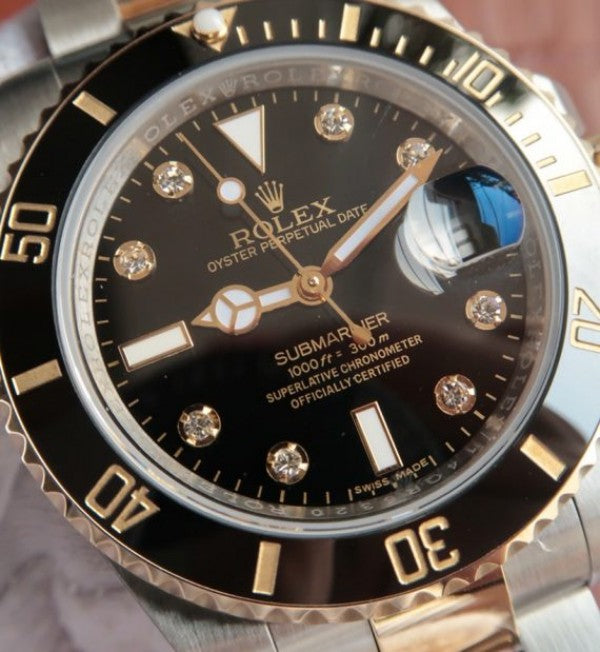 Replica Rolex Submariner 116613 LN Noob Black Dial Diamonds Markers SS/YG Bracelet A3135