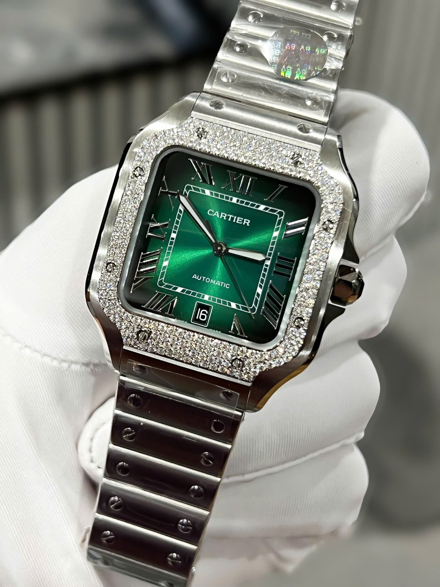 Cartier Santos Replica Watch Custom Moissanite Diamonds Dial Green BV Factory 39.8mm