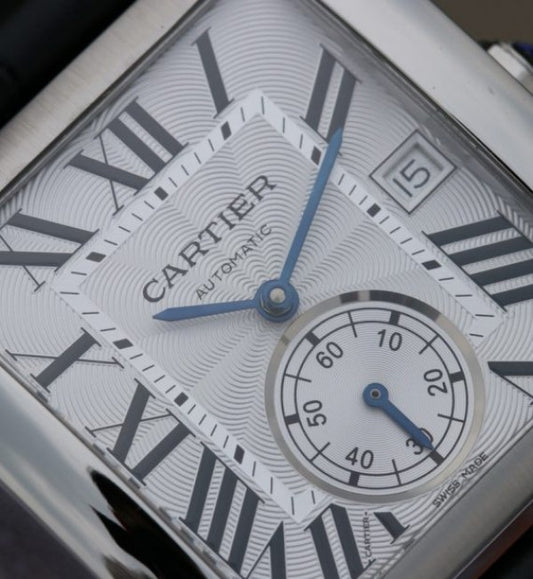 Replica Cartier Tank MC SS Textured White Dial Black Leather Strap