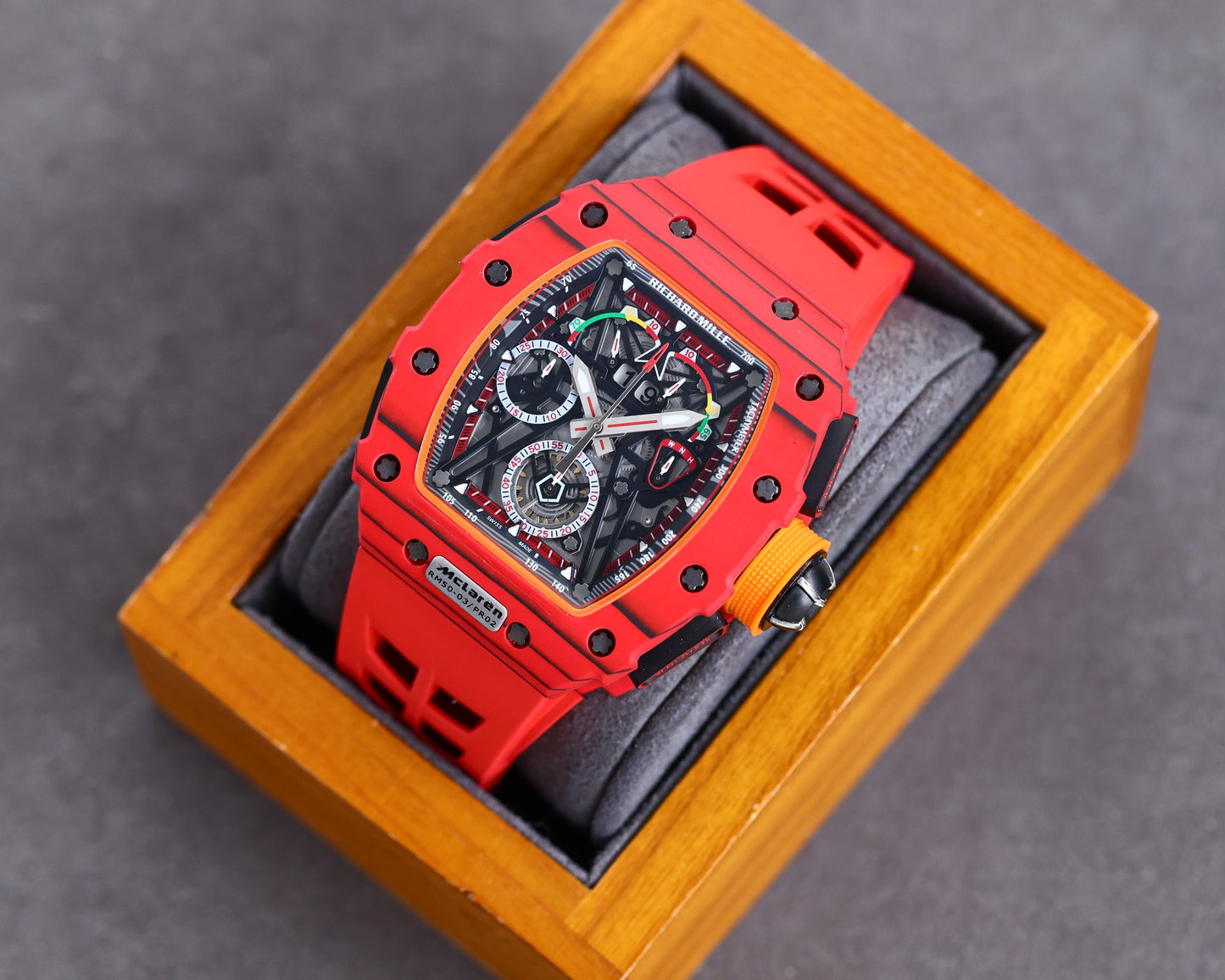 Best Richard Mille RM 50-03 Mclaren Replica Red Strap Watch For Men ¨C Red Carbon Skeleton Dial with Swiss Movement