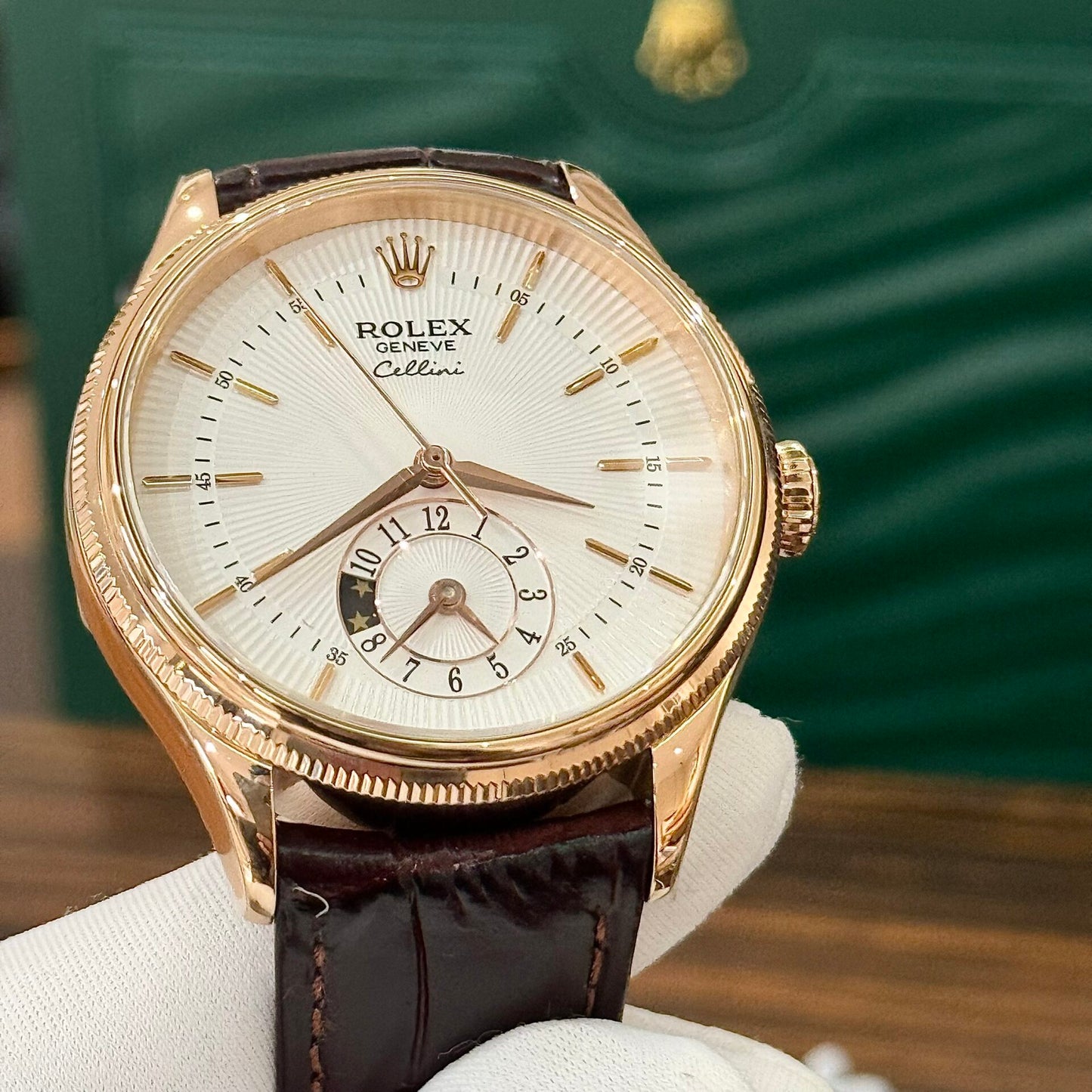 Rolex Cellini 50525 Replica Watch Rose Gold Brown Strap 39mm