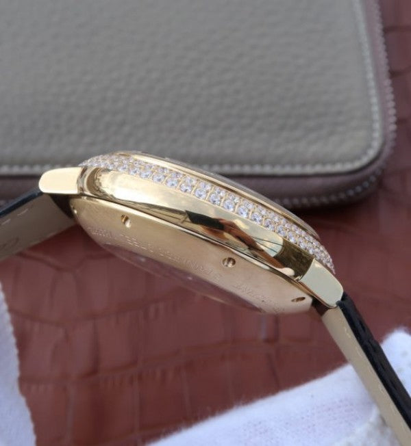 Replica Cartier Ballon Bleu De Cartier Chrono YG Black Dial Diamonds Bezel A8101