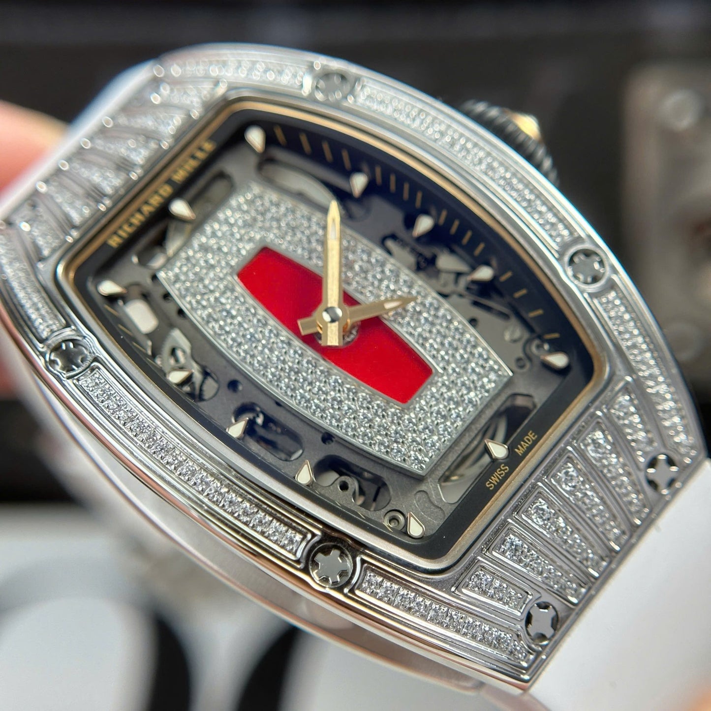 Richard Mille RM07-01 Best Replica Watches Diamonds White Rubber Strap ZF Factory 36mm