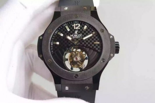 Replica Hublot Big Bang Tourbillon PVD Black Textured Dial Black Rubber Strap