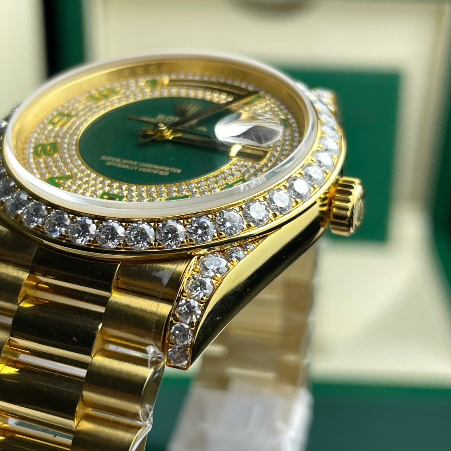 Rolex Day-Date Replica Watch Gold Wrapped + Moissanite Diamonds Weight 173 Gram 40mm