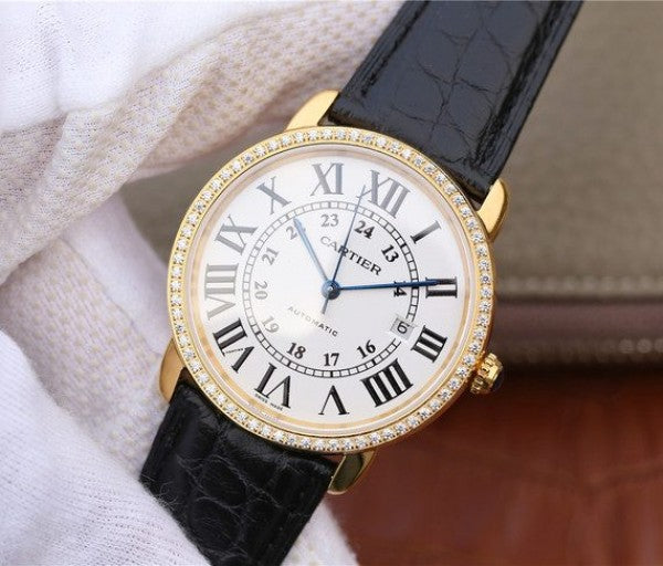 Replica Cartier Ronde De Cartier YG White Dial Diamonds Bezel Croco Strap A2892