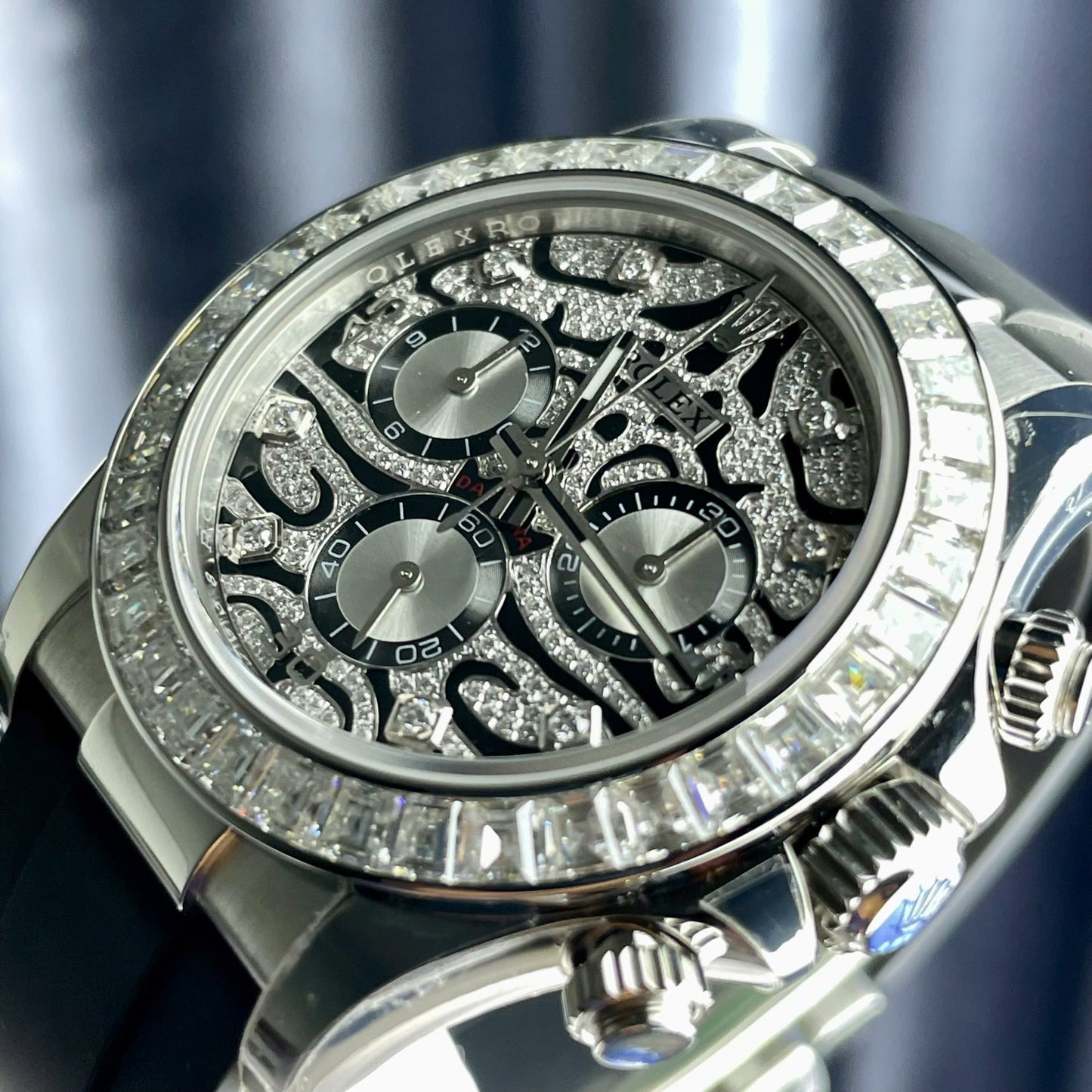 Rolex Cosmograph Daytona Eye Of The Tiger Replica Watch Custom Moissanite Baguette Diamonds 40mm