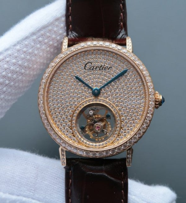 Replica Cartier Tourbillon YG Diamonds Dial Bezel Leather Strap