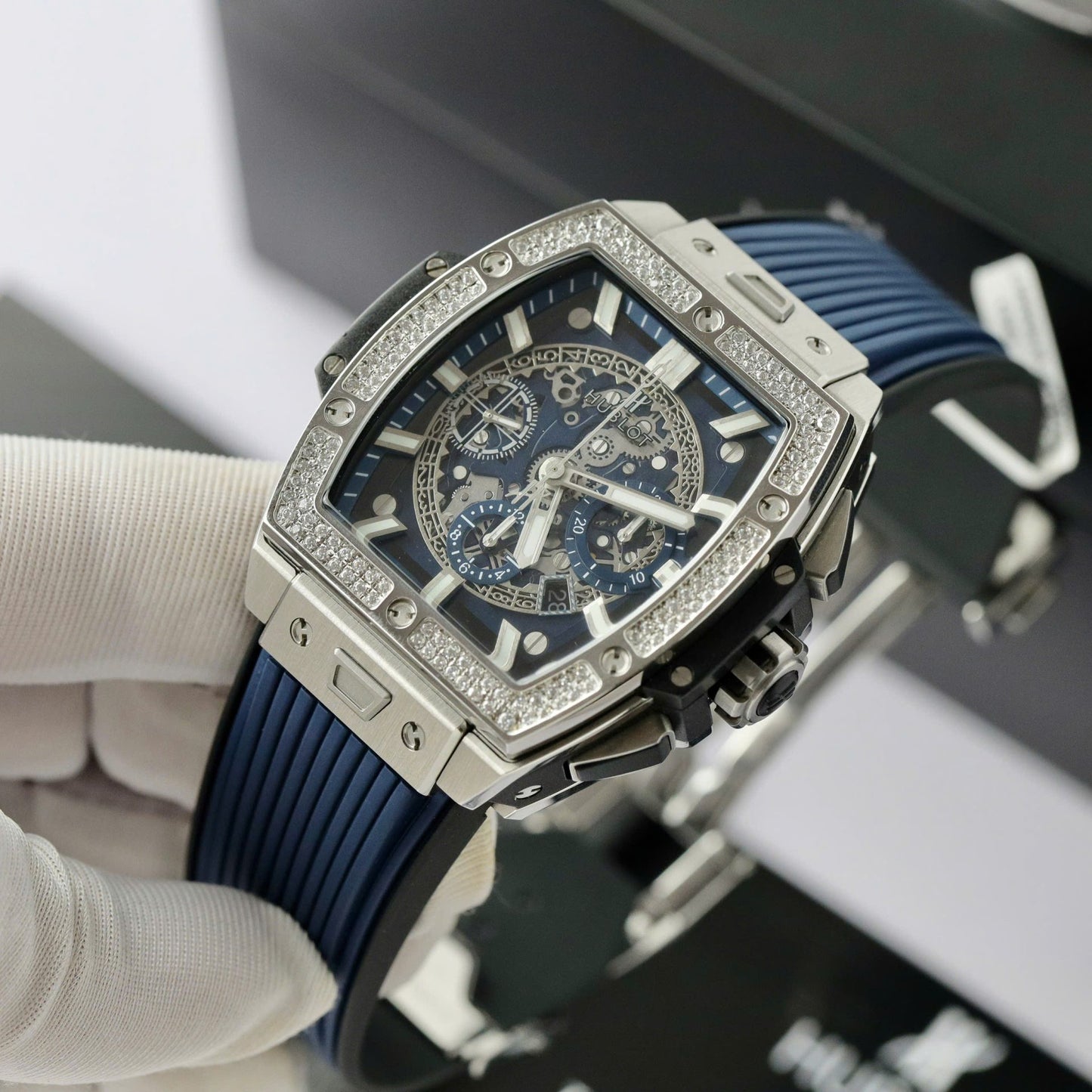 Hublot Spirit Of Big Bang Titanium Dial Blue Custom Moissanite Diamonds Hong Kong 42mm