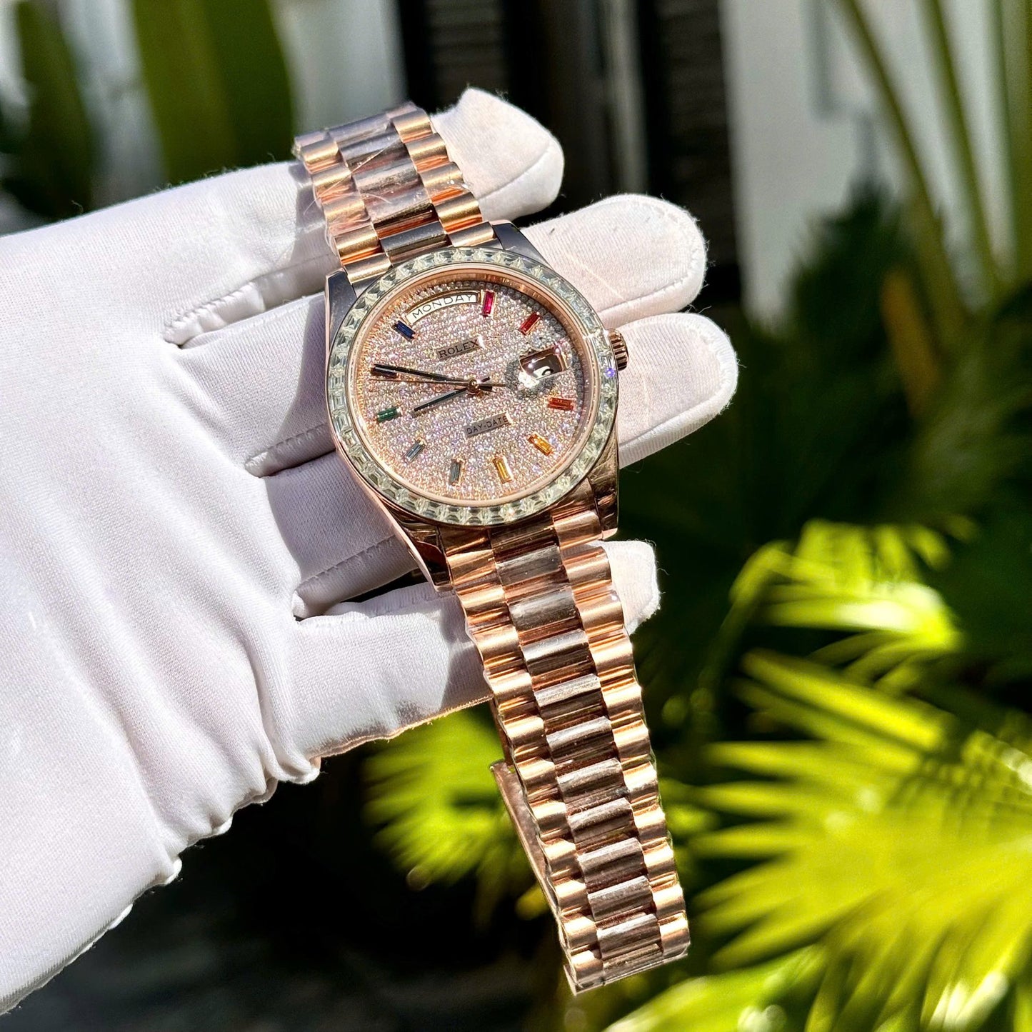 Rolex Day-Date Replica Watch Gold Wrapped End Moissanite Diamonds Baguette Custom 40mm