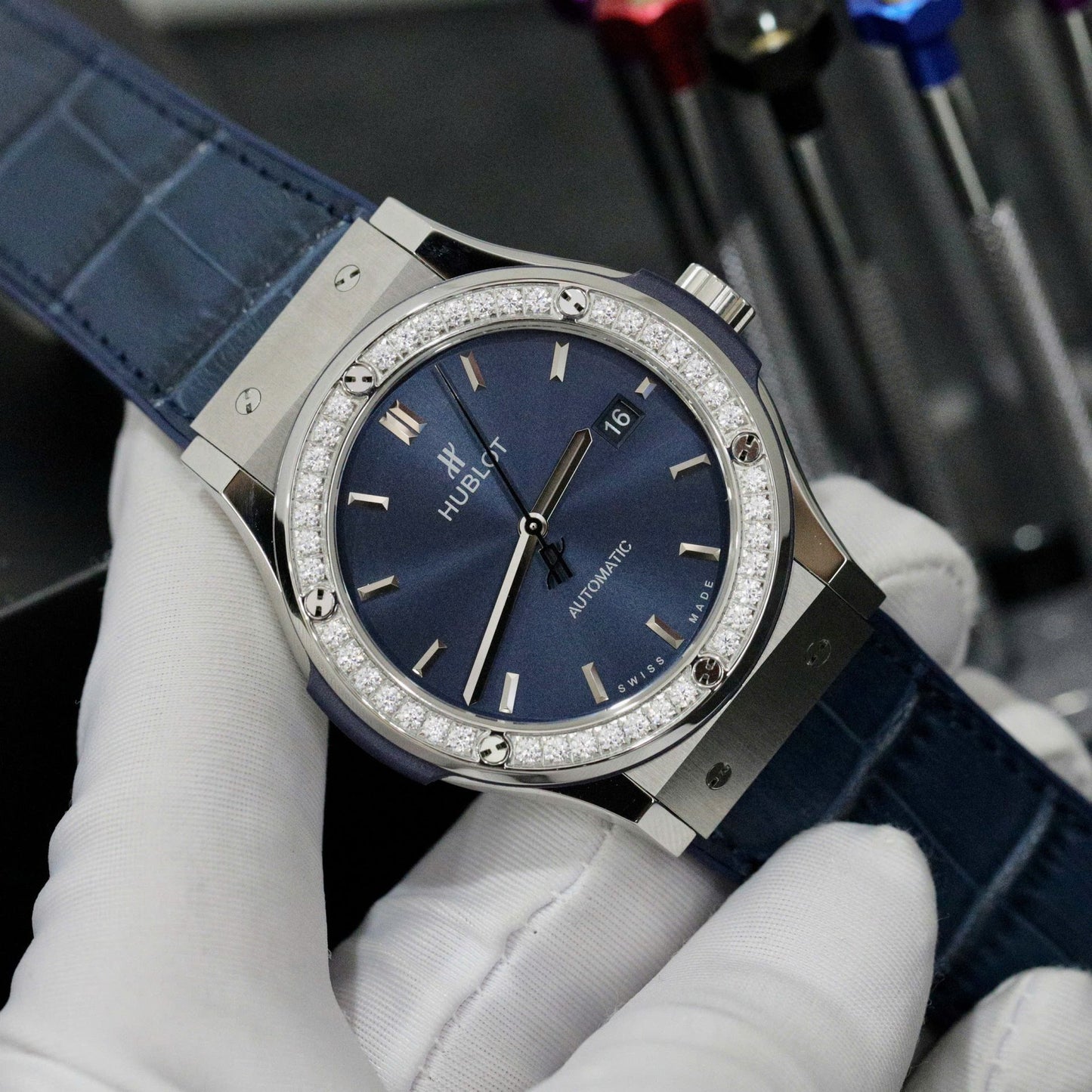 Hublot Classic Fusion Titanium Blue Dial Bezel Diamonds Replica Watch HB Factory 42mm