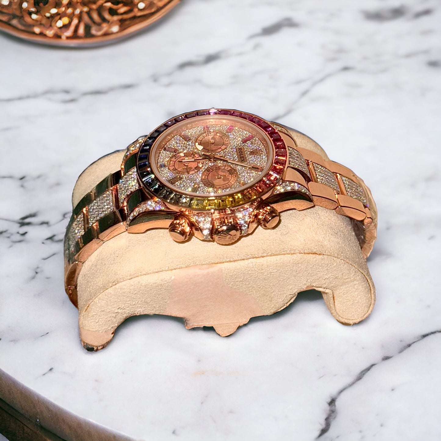 Rolex Daytona Rainbow Replica Watch Gold Wrapped + Ruby + Moissanite Diamonds 40mm
