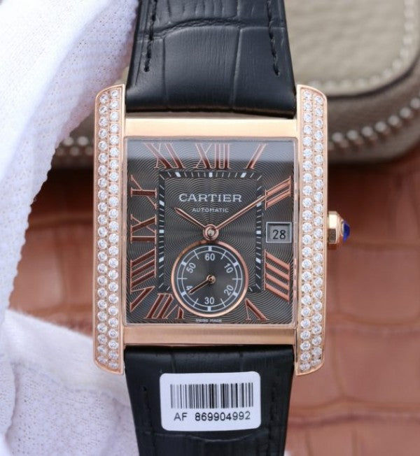 Replica Cartier Tank MC RG Gray Textured Dial Diamonds Bezel Leather Strap