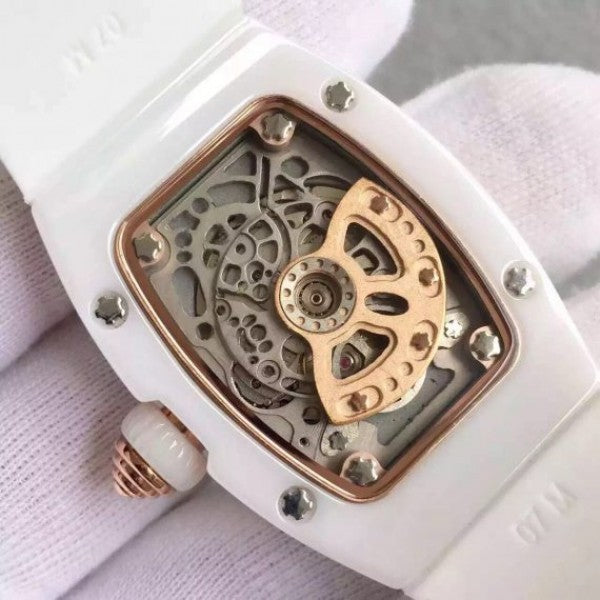 Replica Richard Mille RM 007-01 Lady SS Diamonds Red Dial RG White Rubber Strap 6T51