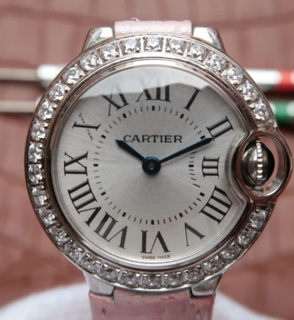 Replica Cartier Ballon Bleu 28mm SS Diamonds Bezel White Dial Ronda Quartz