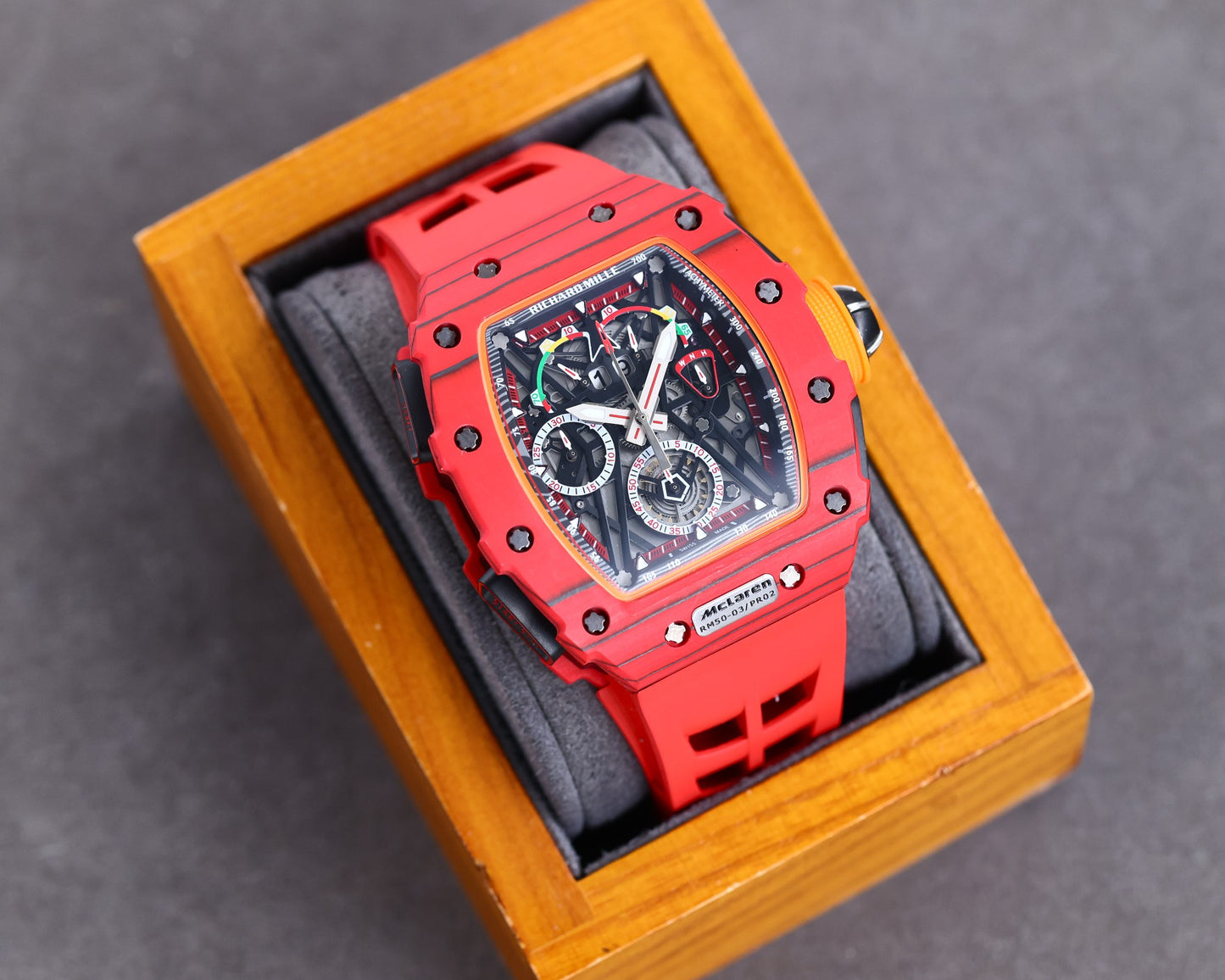 Best Richard Mille RM 50-03 Mclaren Replica Red Strap Watch For Men ¨C Red Carbon Skeleton Dial with Swiss Movement