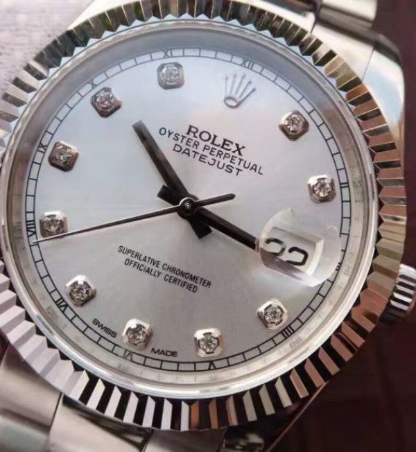 Replica Rolex DateJust 41mm 126334 Fluted Bezel White Dial Diamonds Markers SS Jubilee Bracelet A3235