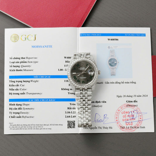 Rolex DateJust Best Copies Watch Dial Wimbledon Encrusted Moissanite Hong Kong 41mm